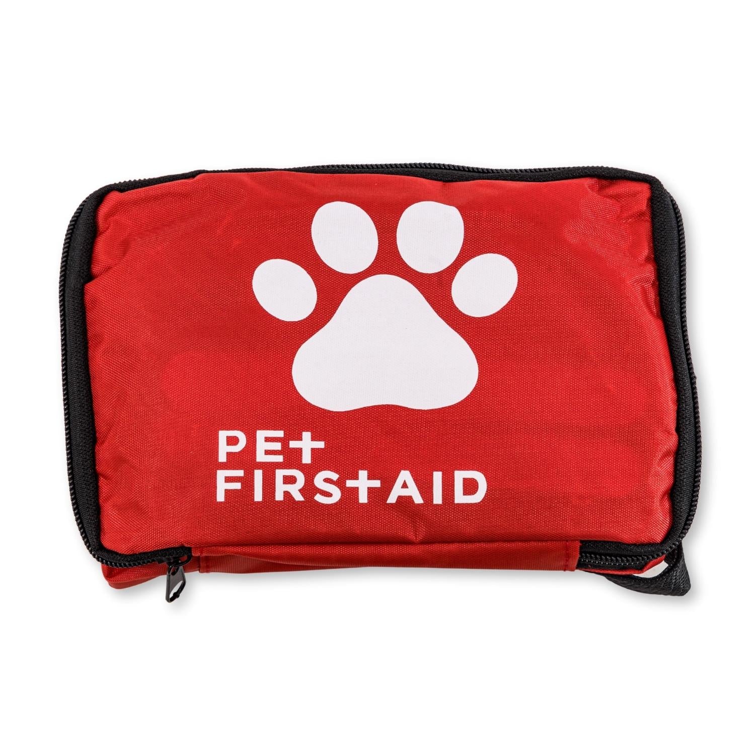 American Pet Supplies red pet travel first aid kit with white paw print and zipper closure
