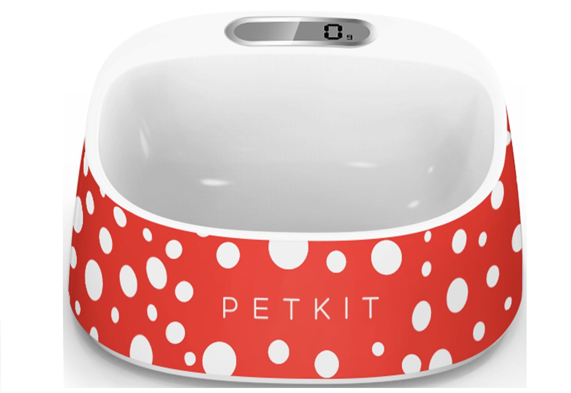 Red and white polka dot smart pet feeding bowl with digital weight display by PawCounter.com