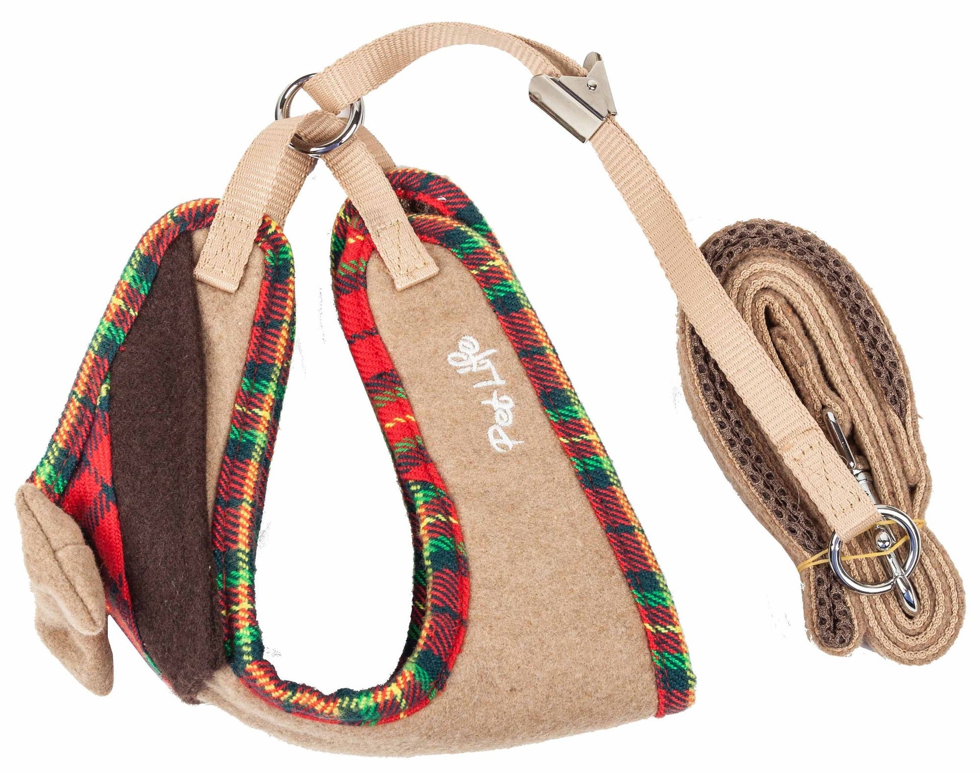 PawCounter.com dog harness with bowtie in plaid pattern and beige leash for small dogs