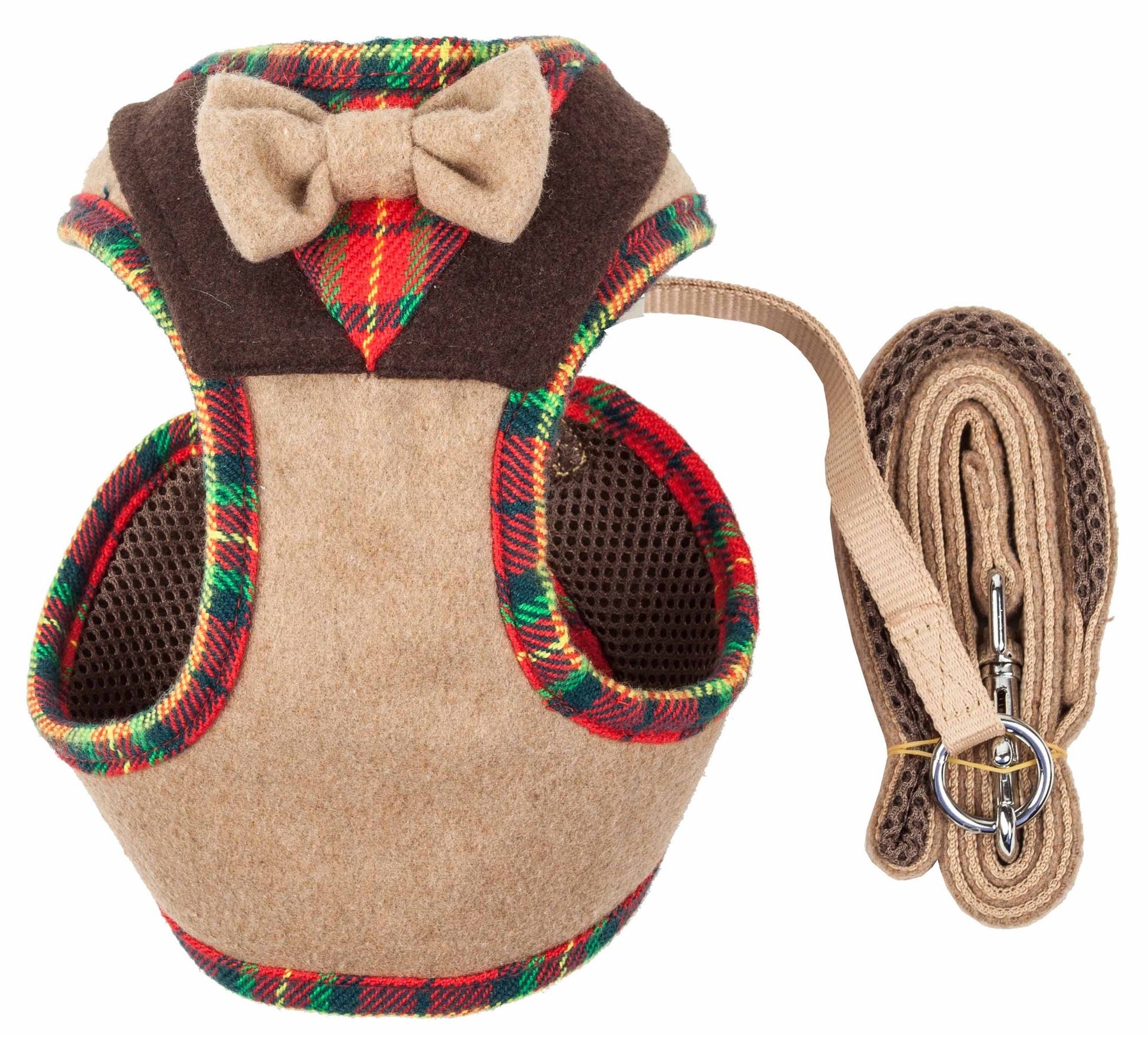 Beige and plaid dog harness with bowtie and matching leash by PawCounter.com