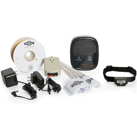 PetSafe in-ground fence system kit with collar, wire, power adapters, and control unit for pet containment