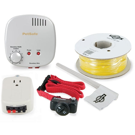 PetSafe in-ground pet fence kit with boundary control, wire spool, collar, and transmitter