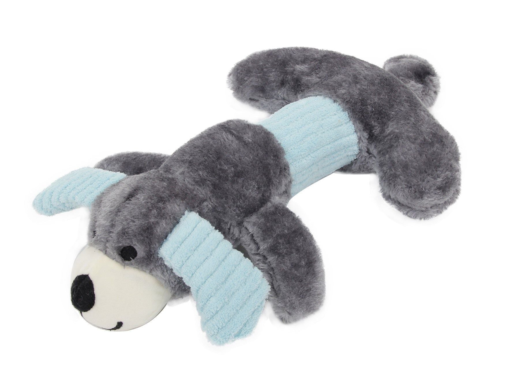Gray and blue plush squeaky dog toy shaped like a playful puppy with soft fabric