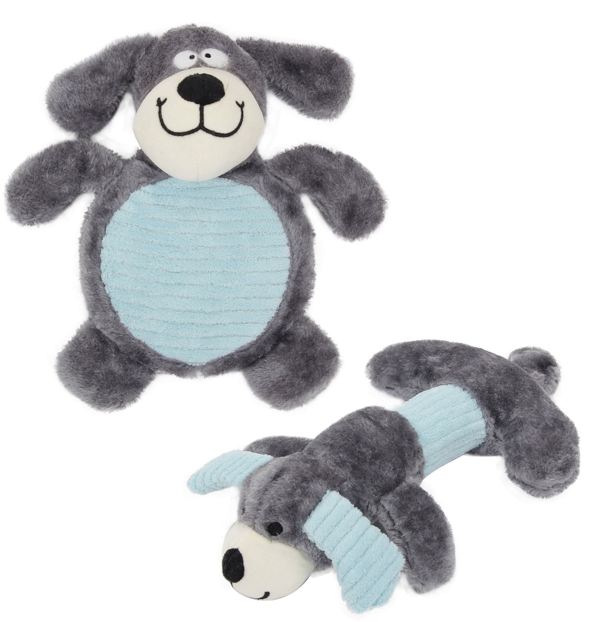 Gray and blue plush squeaky dog toys shaped like a happy dog and a bone for pet play