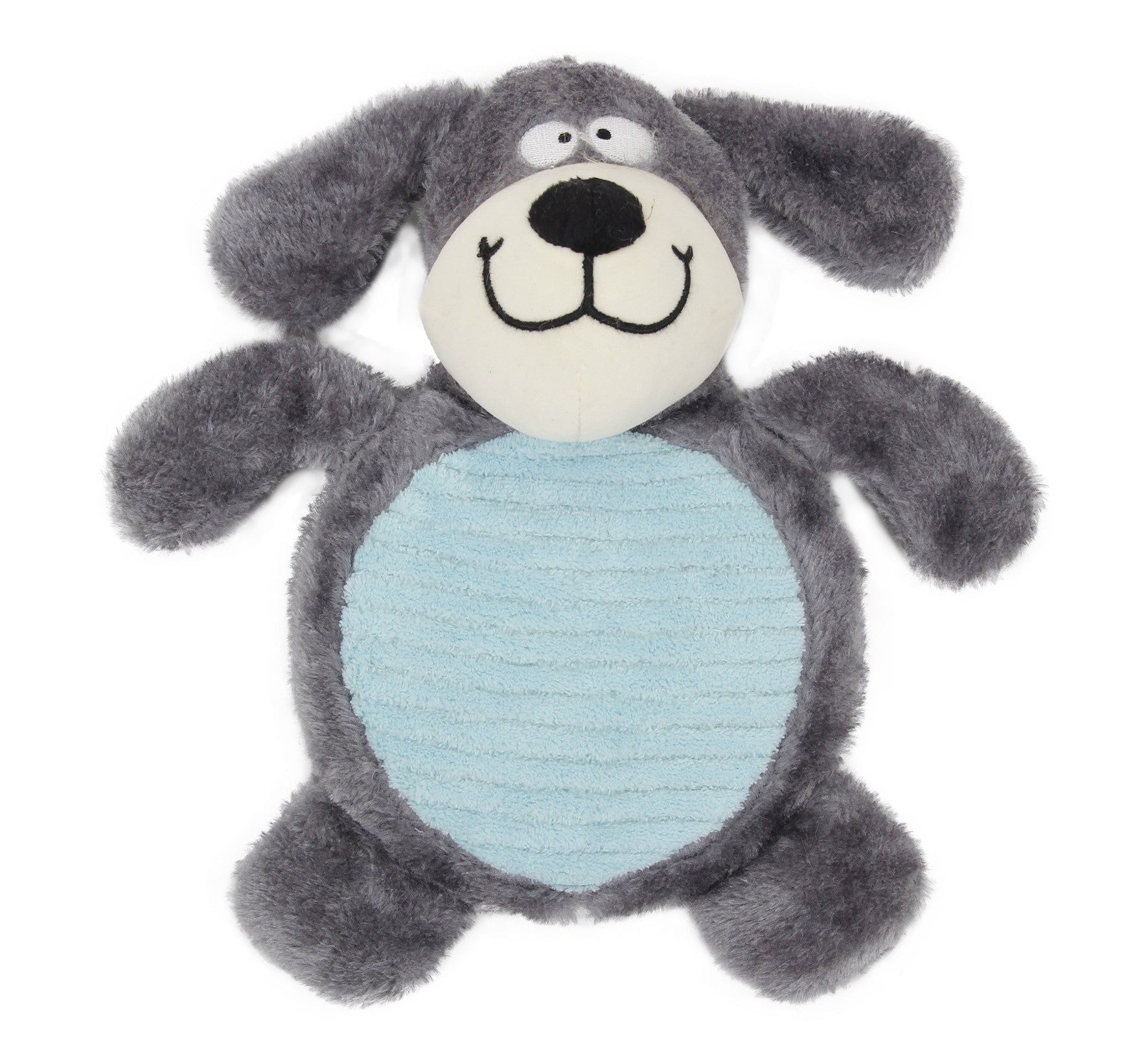 Gray and blue plush squeaky dog toy shaped like a smiling puppy with floppy ears