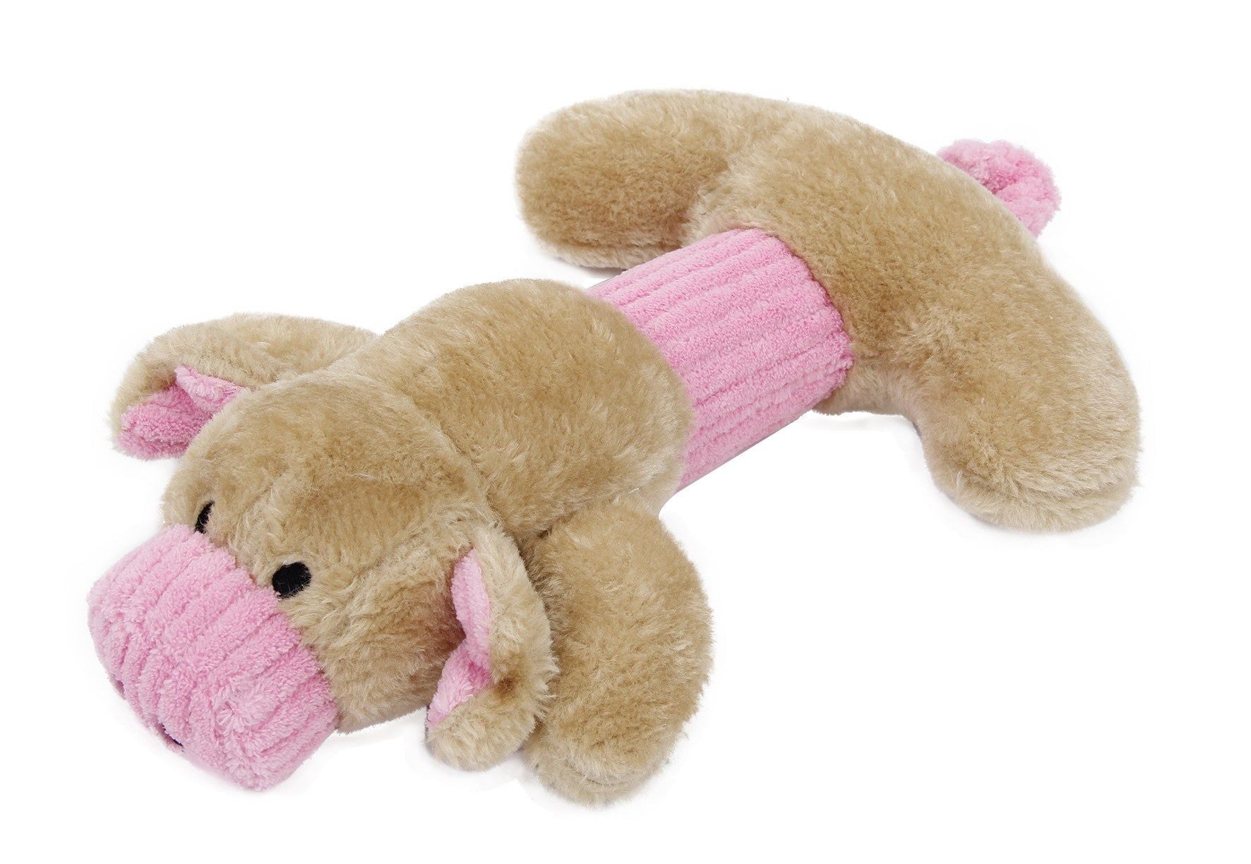 Brown and pink dog-shaped plush squeaky dog toys with soft textured fabric for pets