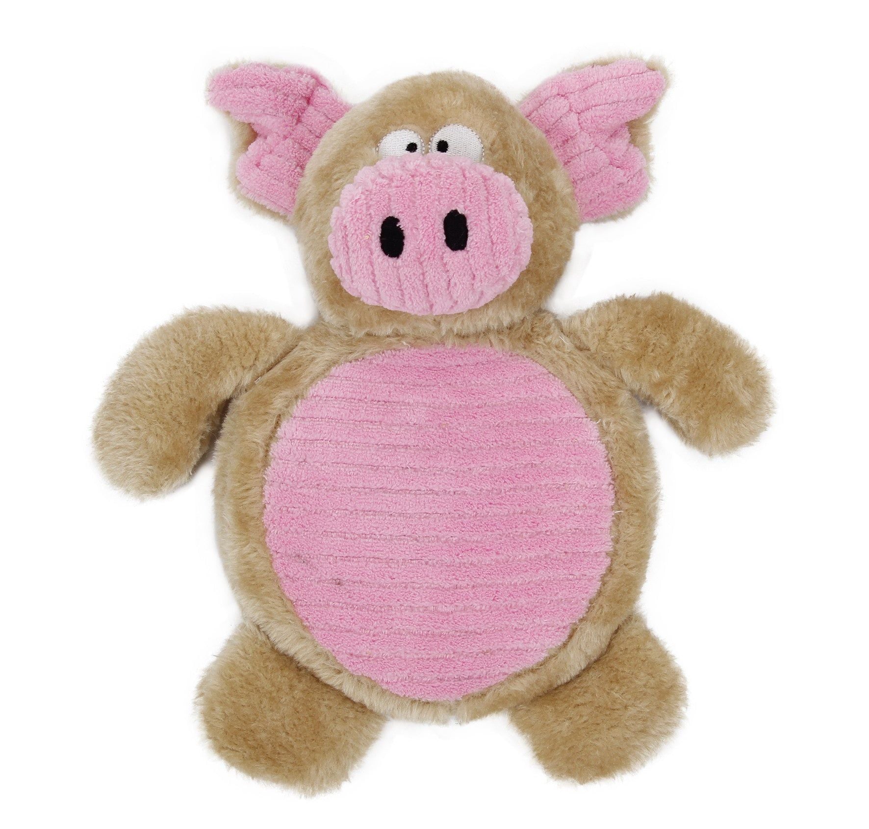 Plush squeaky dog toys in the shape of a soft tan and pink pig with wings and a round belly