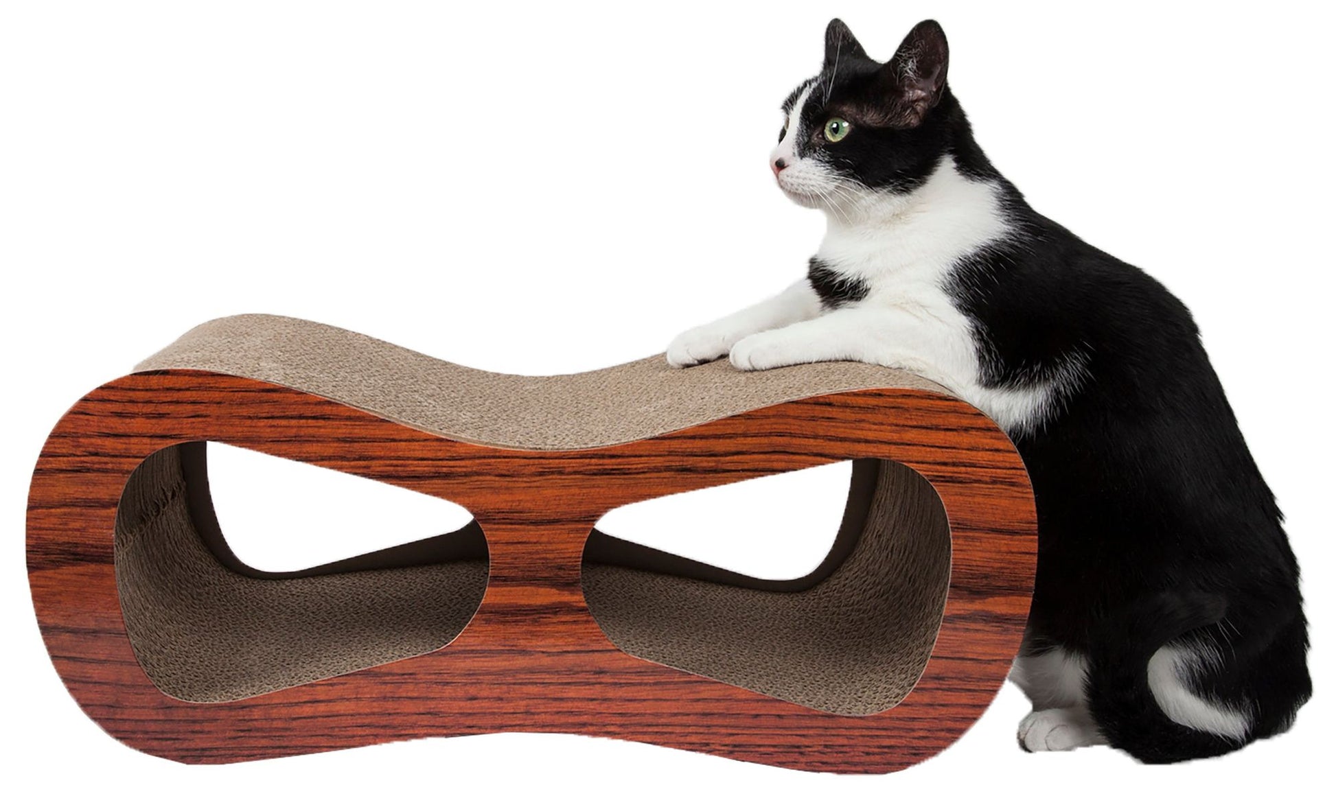 Black and white cat using premium cat scratcher furniture with wooden texture and curved design