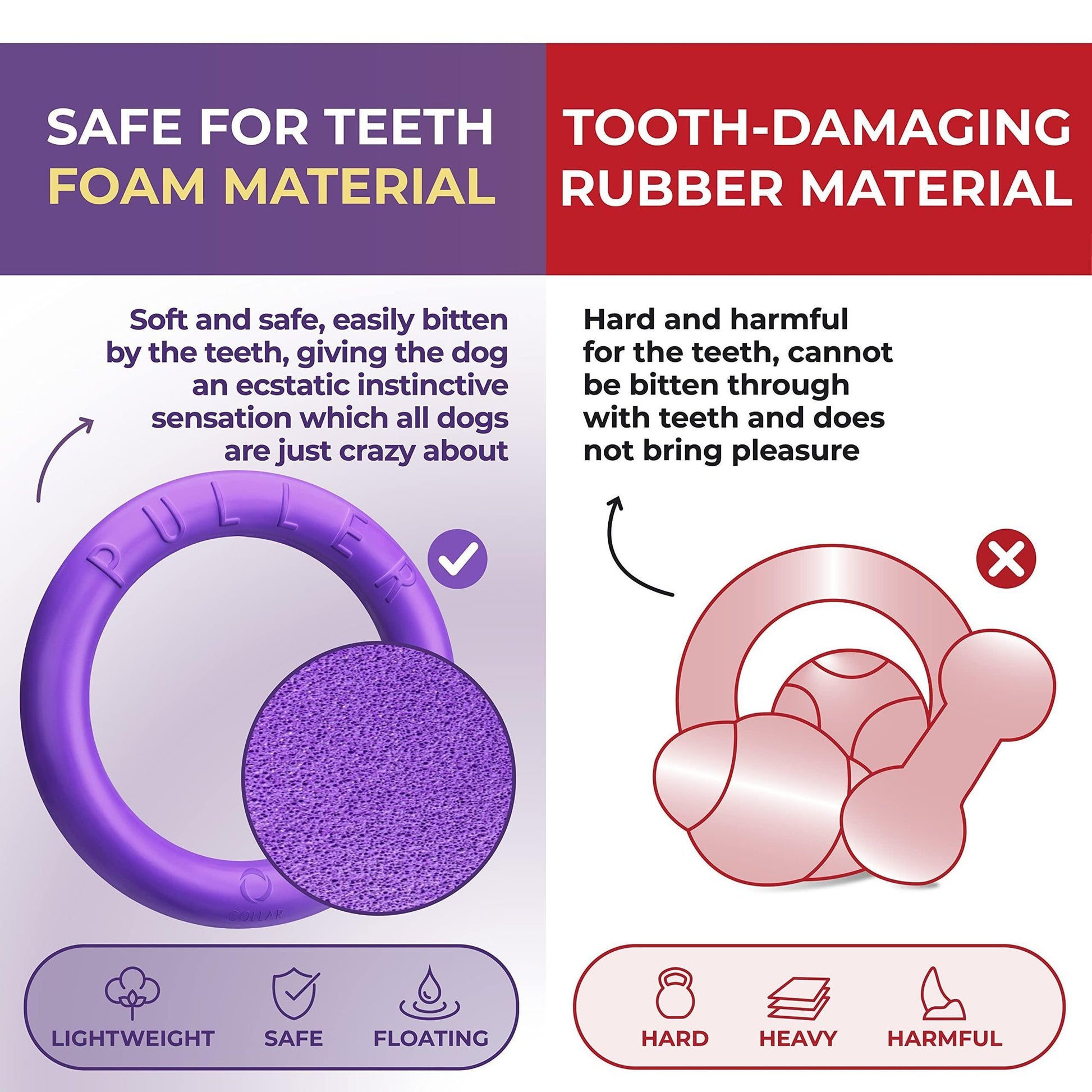 Purple outdoor dog fetch ring made of safe foam material designed for gentle chewing and floating