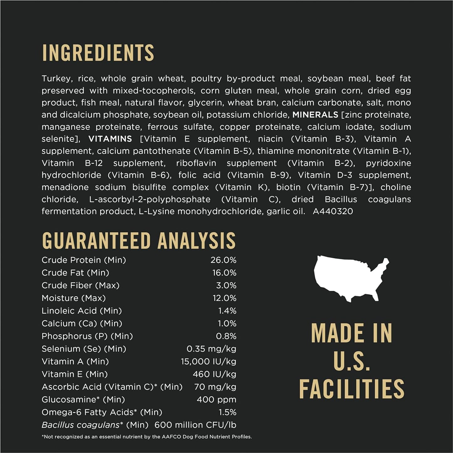 Ingredients and guaranteed analysis label for The Family Pet probiotic dry dog food made in U.S. facilities
