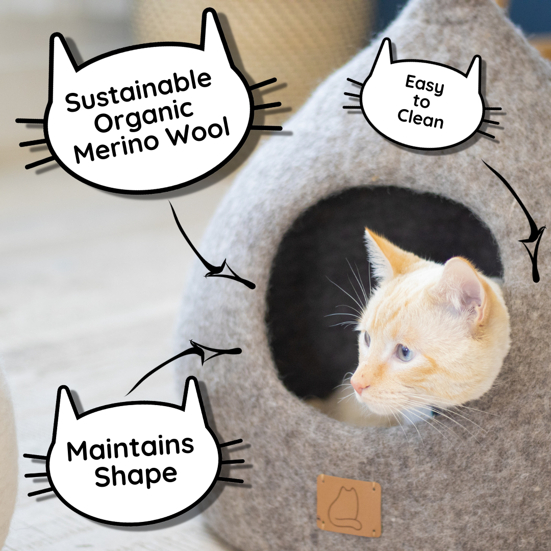 Purple cat cave bed made from sustainable organic merino wool with easy to clean features