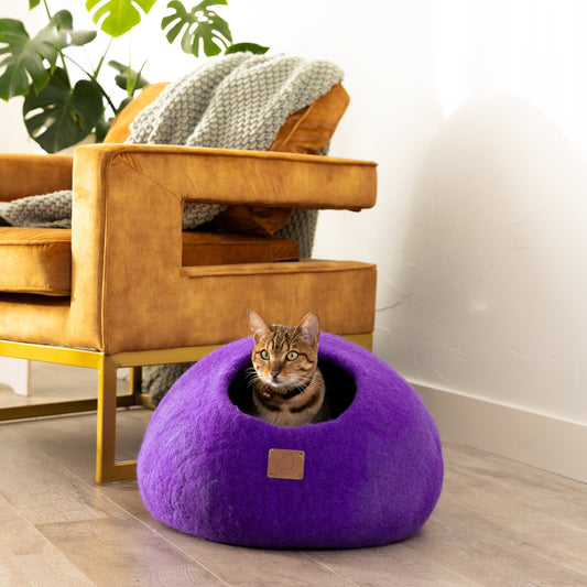 Cozy purple cat cave bed designed for relaxation with a stylish interior setting