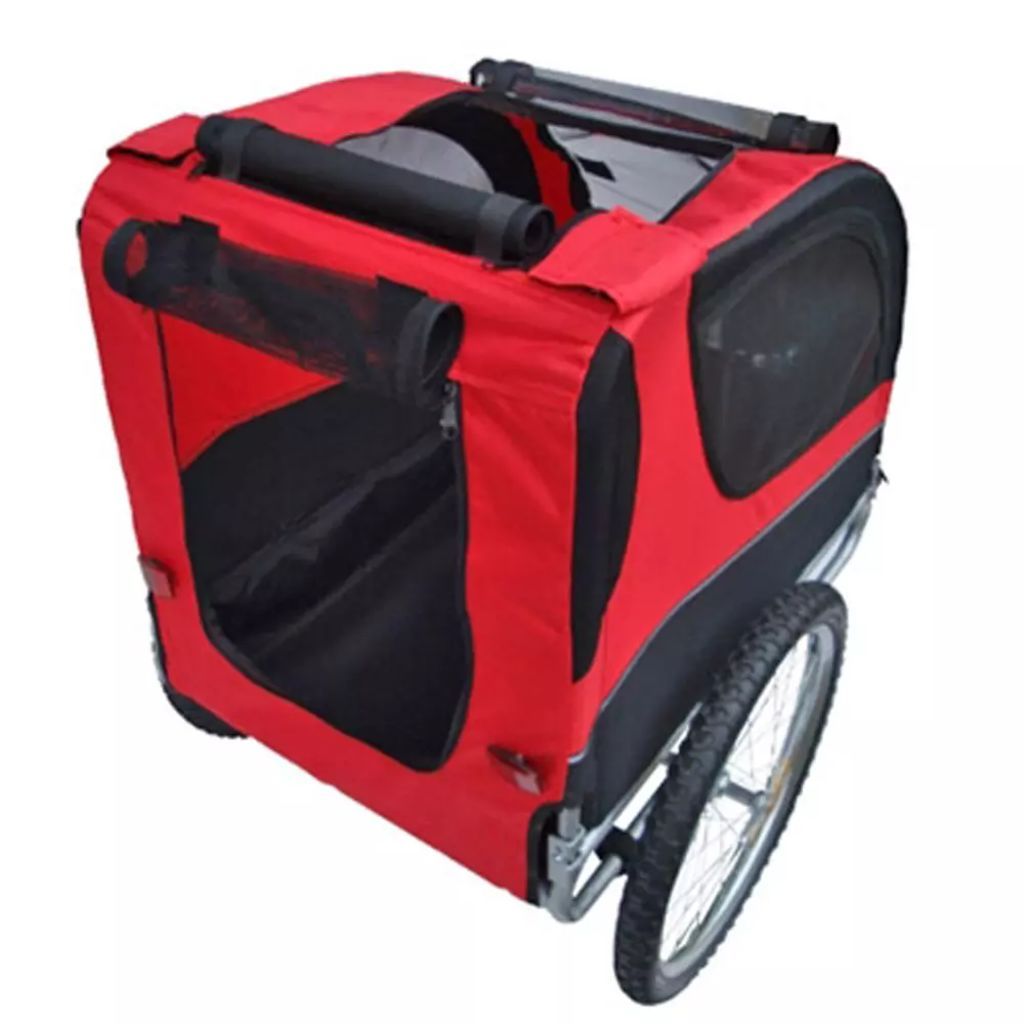Red dog bike trailer with mesh windows and sturdy wheels for safe pet transportation
