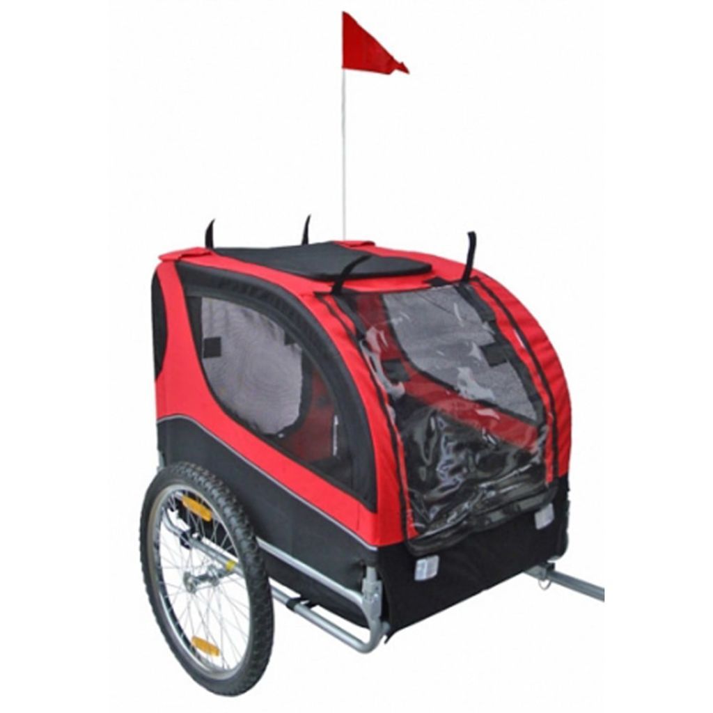 Red and black dog bike trailer with mesh windows, large wheels, and a safety flag for pet transportation