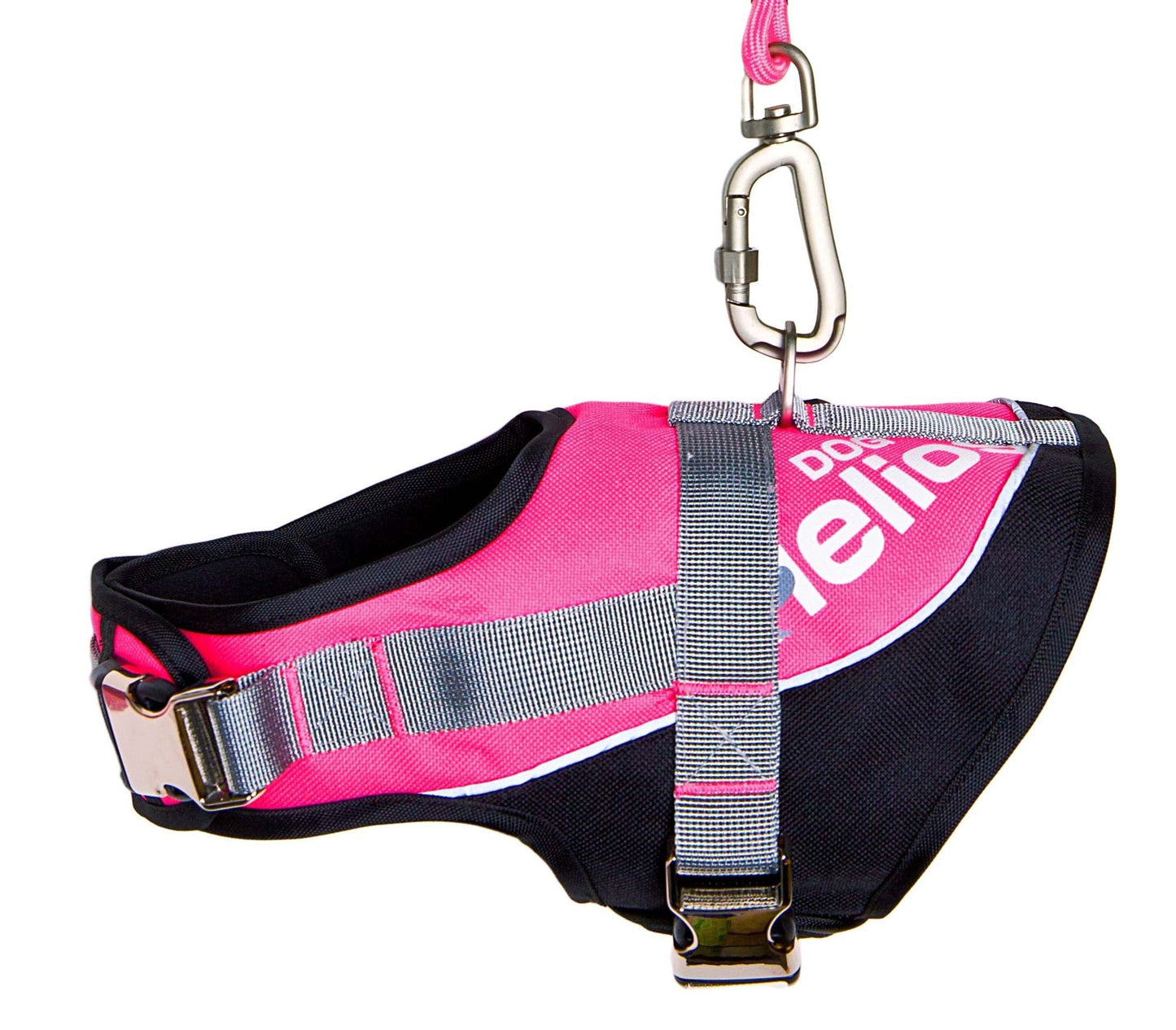 Pink and black reflective dog harness and leash with metal clip for secure pet walking