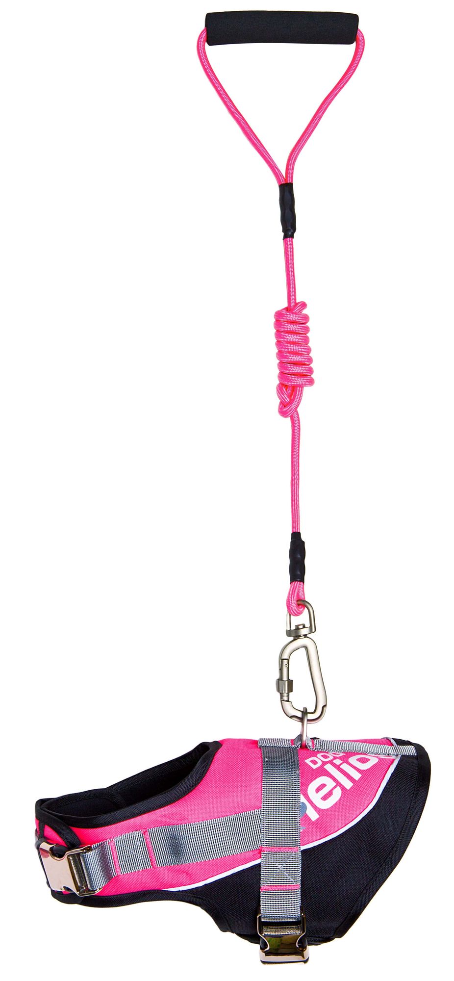Pink reflective dog harness and leash with padded handle and metal clip for secure walks