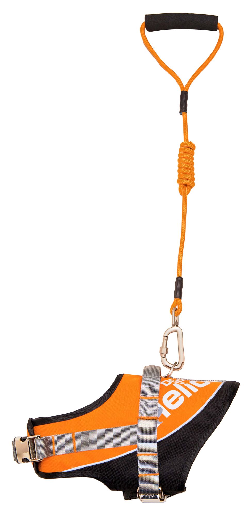 Orange reflective dog harness and leash set with adjustable straps and padded handle