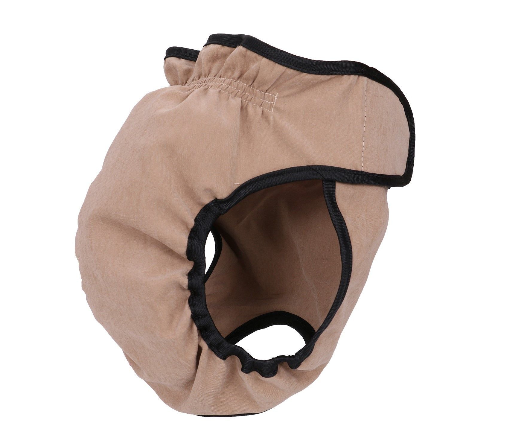 Beige reusable dog diaper cover with black trim and adjustable straps for secure fit
