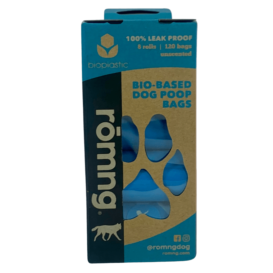 rōmng bio-based dog poop bags in blue packaging with 100 leak-proof bags for pet owners