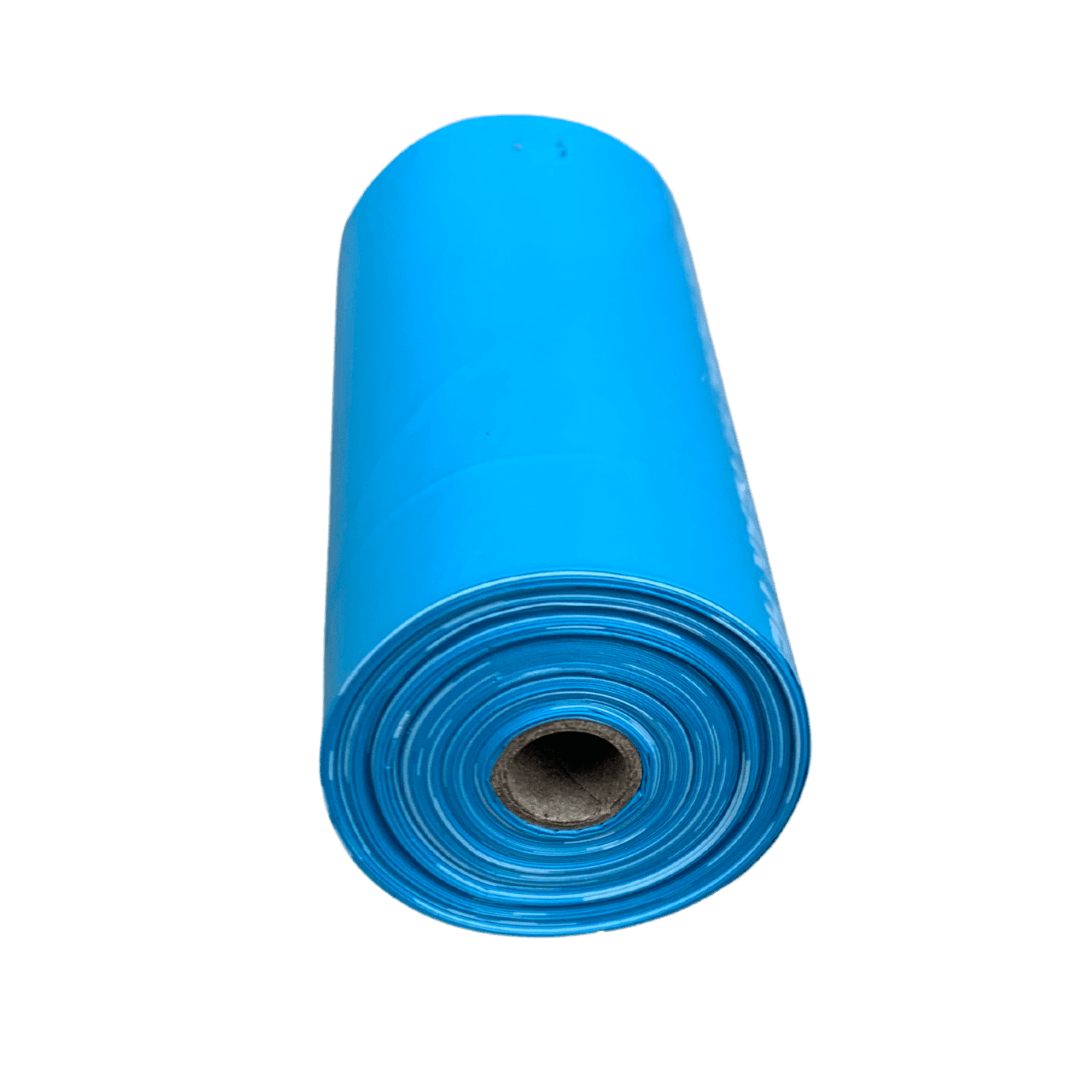 Roll of blue bio-based dog poop bags for eco-friendly pet waste disposal