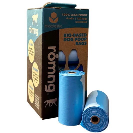 rōmng bio-based dog poop bags in blue with strong, leak-proof design and 120 bags per pack