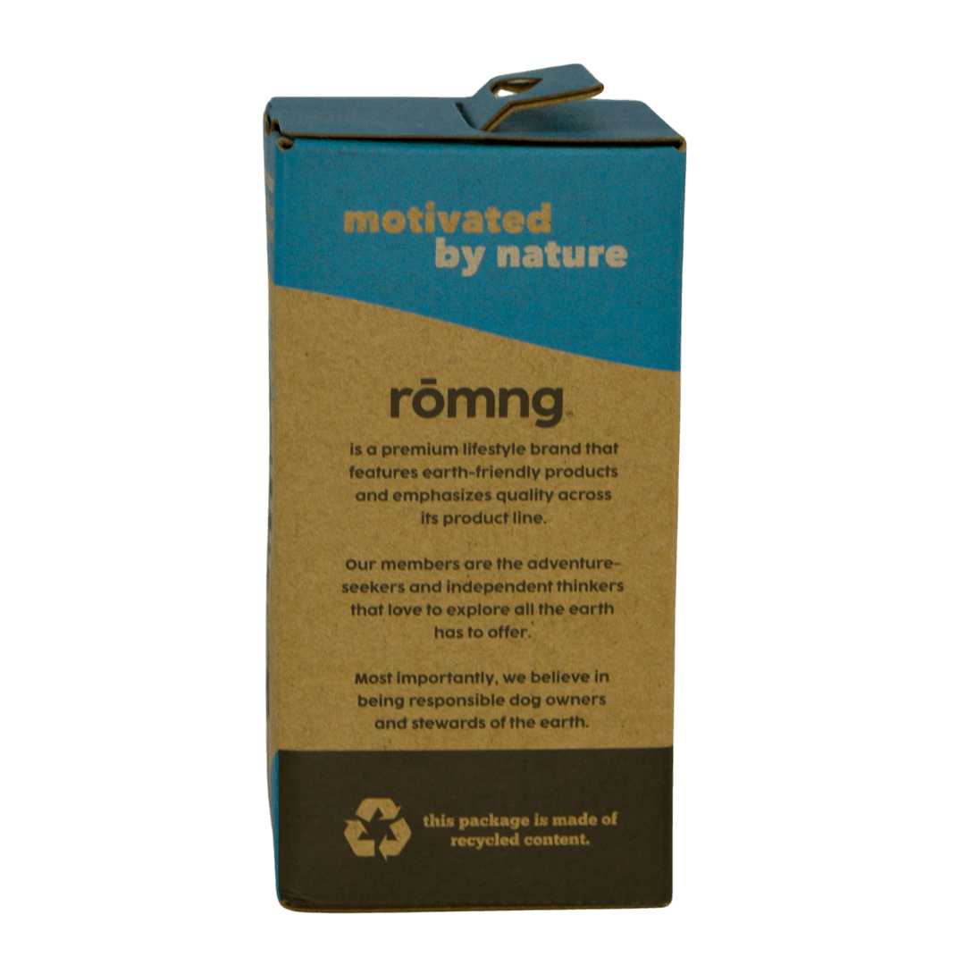 rōmng eco-friendly packaging for bio-based dog poop bags made from recycled materials
