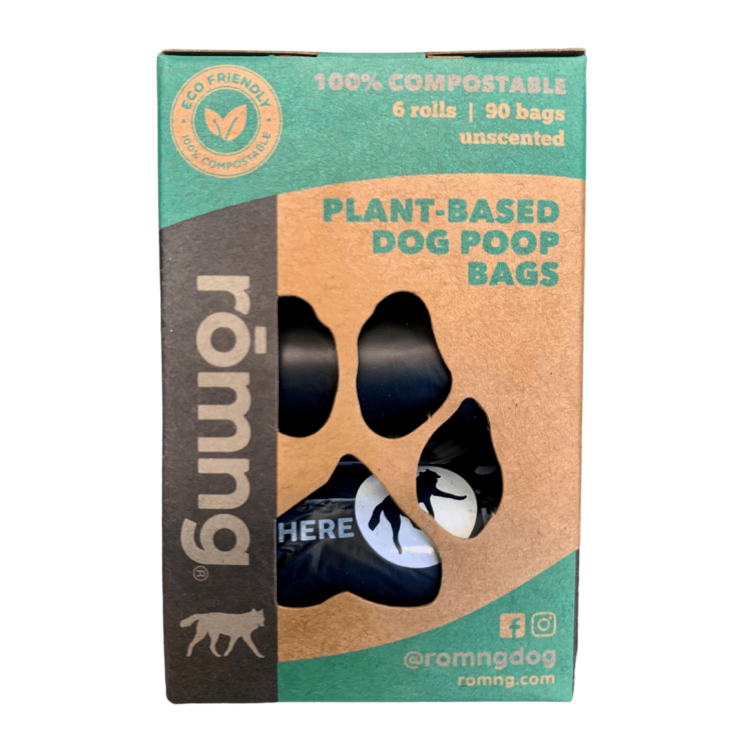 rōmng compostable dog poop bags in plant-based material, featuring 6 rolls and 90 unscented bags