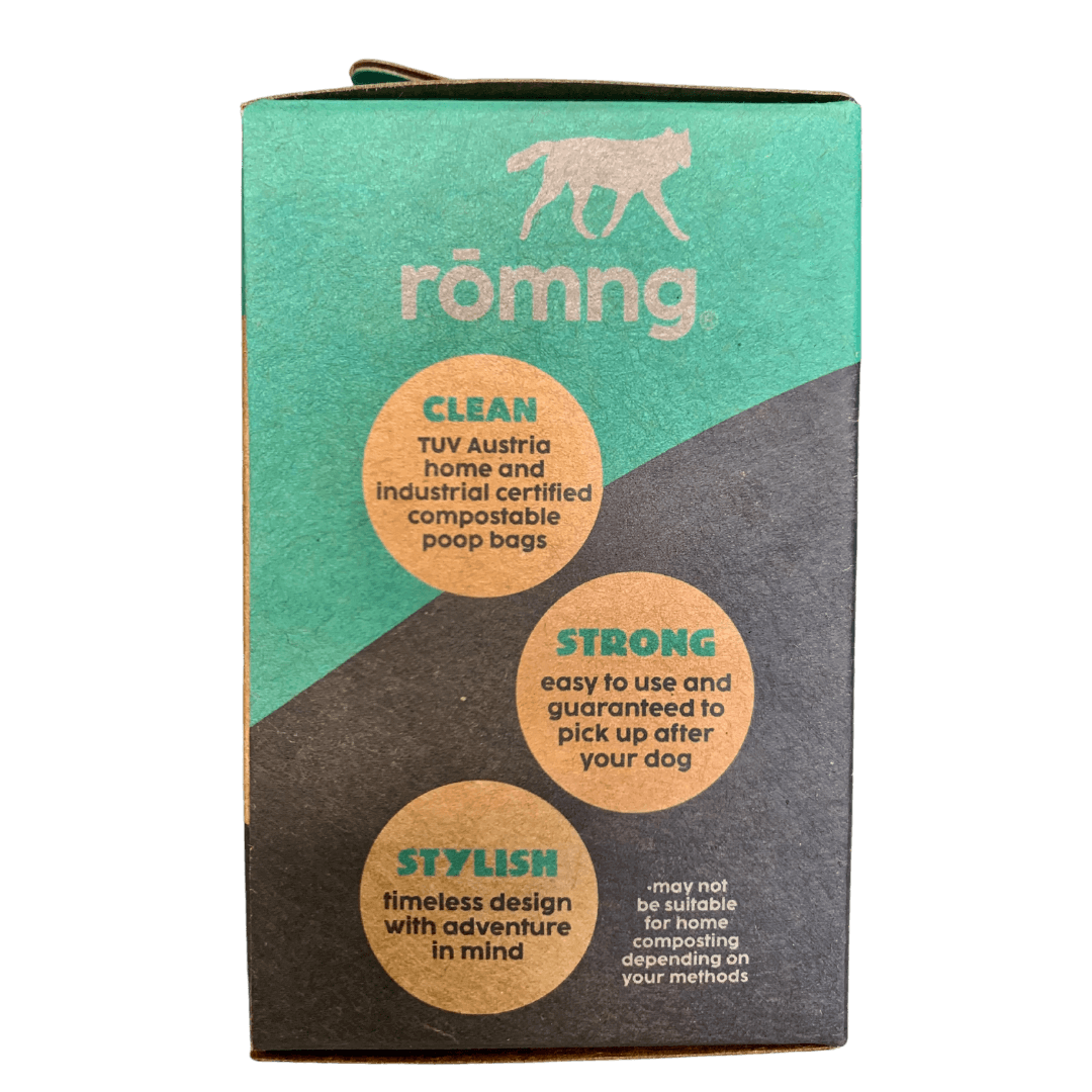 rōmng compostable dog poop bags pack with clean, strong, and stylish features for eco-friendly pet care