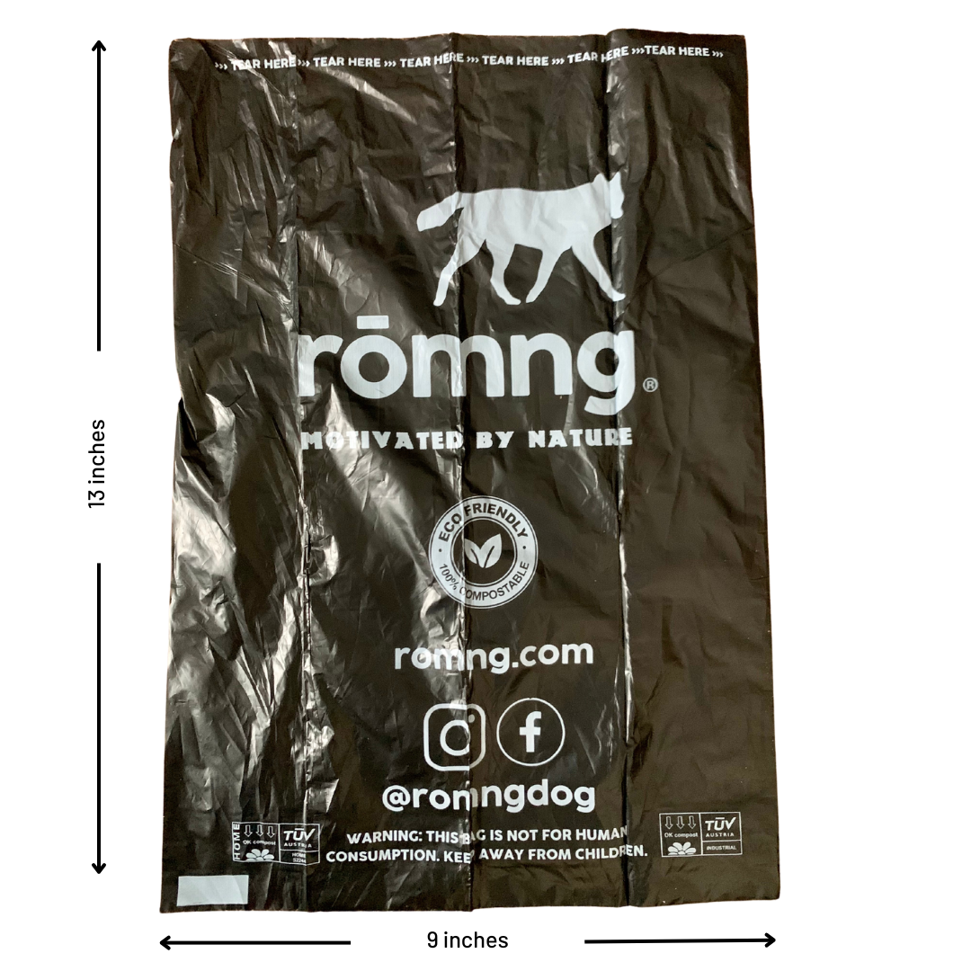 rōmng compostable dog poop bags in black, eco-friendly design for easy disposal
