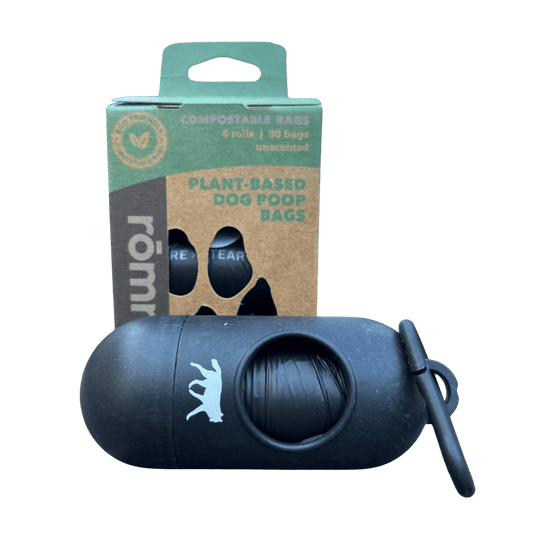 rōmng compostable dog poop bags in black dispenser with six rolls and 90 unscented bags