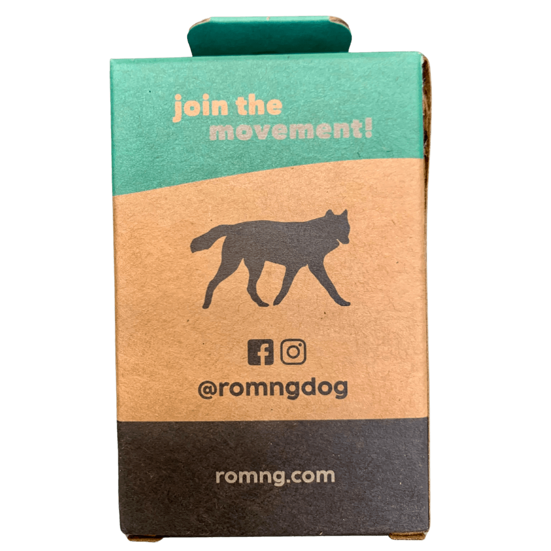 Eco-friendly rōmng compostable dog poop bags in a recyclable packaging box for responsible pet owners