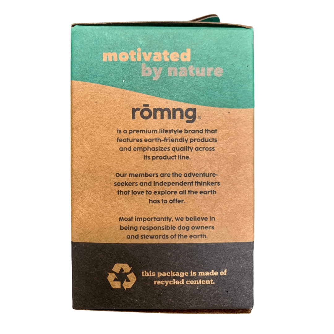 rōmng compostable dog poop bags in eco-friendly packaging promoting sustainability for dog owners