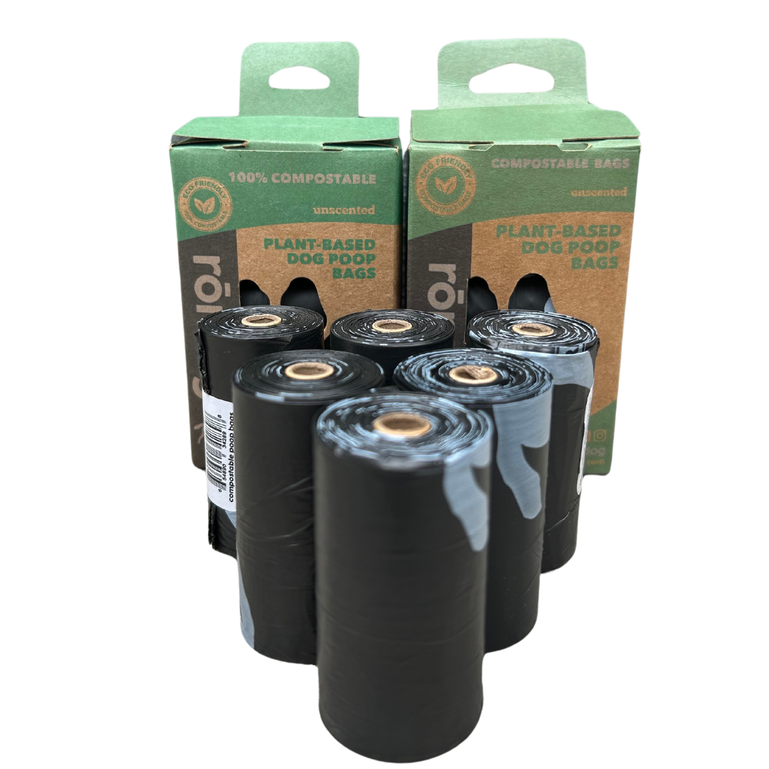 rōmng compostable dog poop bags in black rolls with eco-friendly packaging, perfect for pet owners