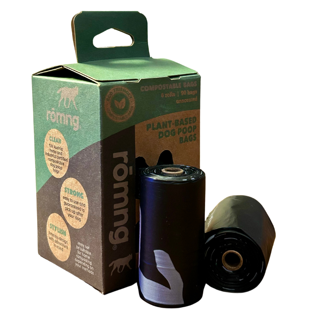 rōmng compostable dog poop bags in a stylish packaging with strong plant-based material