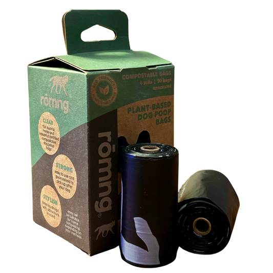 rōmng compostable dog poop bags in a stylish packaging with strong plant-based material