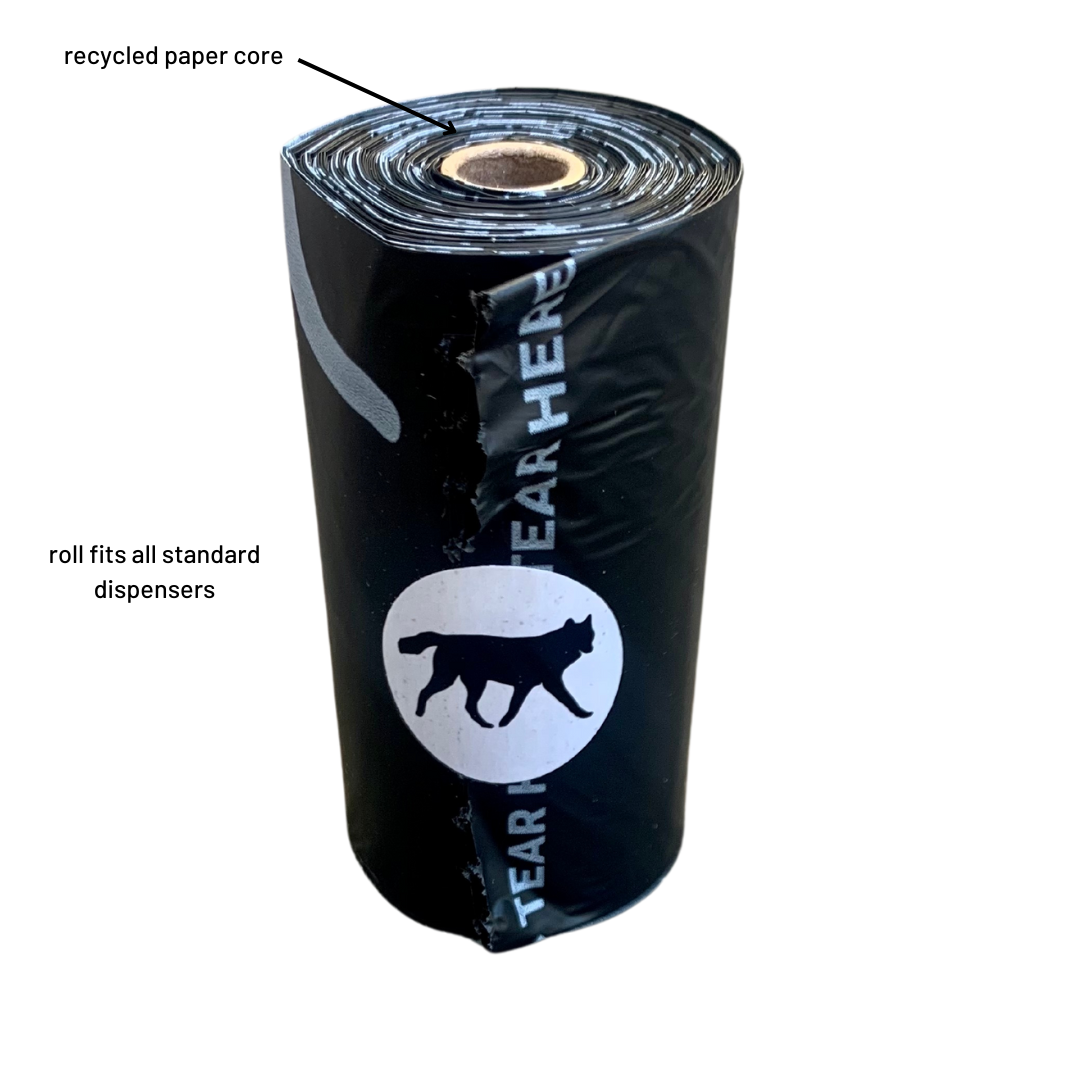 Roll of rōmng compostable dog poop bags with recycled paper core for eco-friendly waste disposal