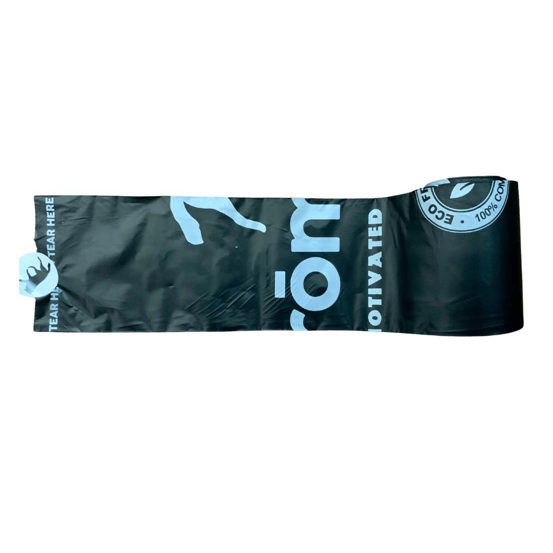 rōmng compostable dog poop bags in black packaging for eco-friendly pet waste disposal