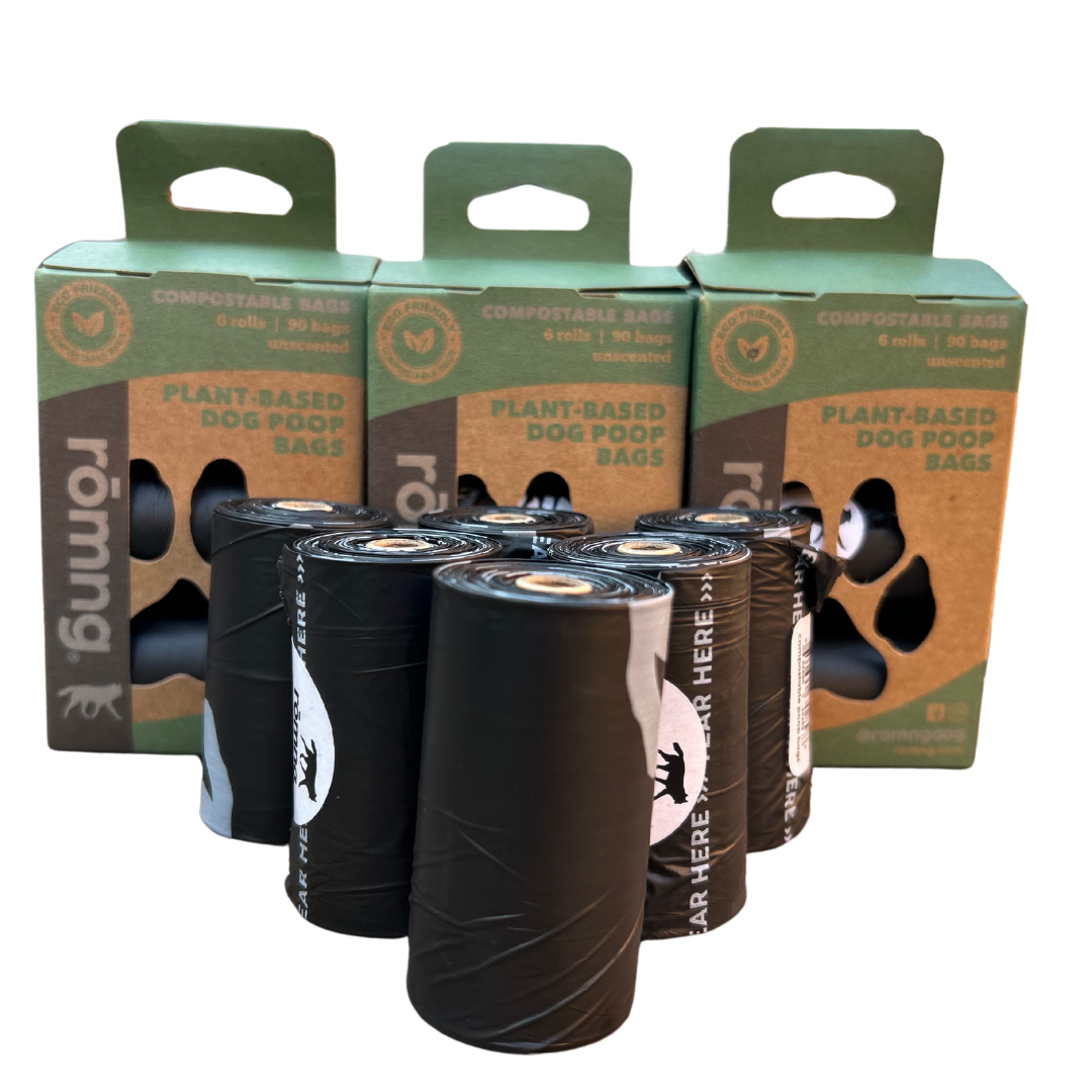 rōmng compostable dog poop bags in eco-friendly packaging for responsible pet waste disposal