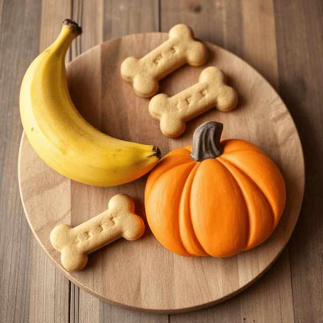 Three natural dog treats shaped like bones alongside a banana and a small pumpkin on a wooden board