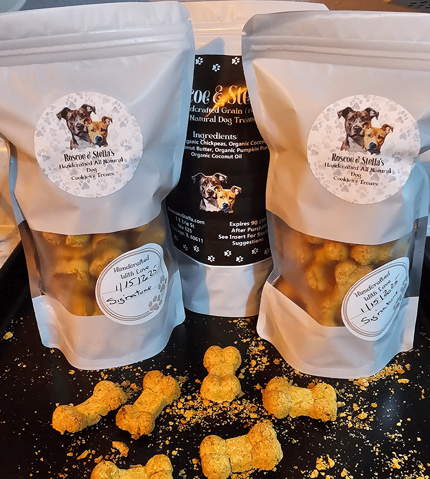 PawCounter.com gourmet fruit dog treats in resealable bags with bone-shaped natural treats