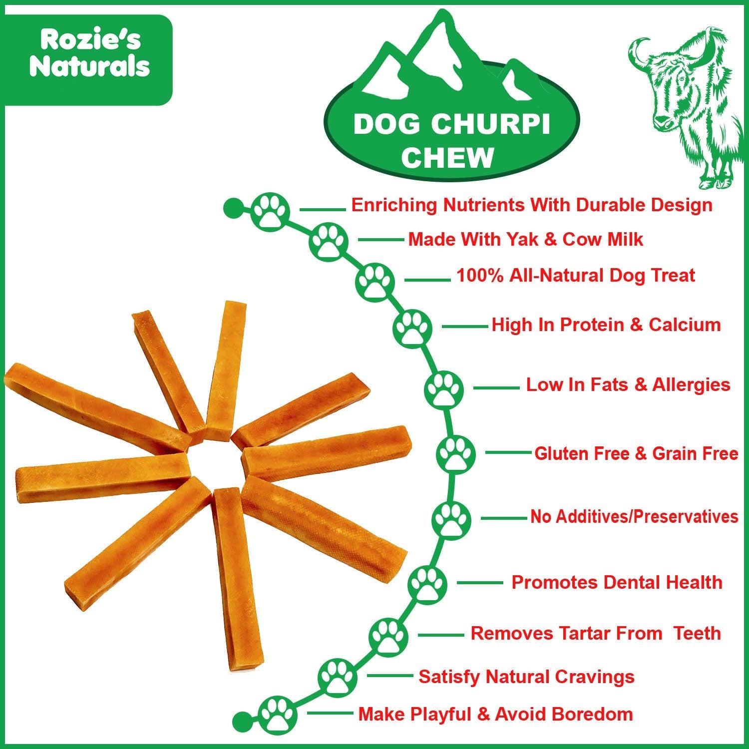Rozie's Naturals Himalayan yak cheese dog chew sticks made with yak and cow milk for dental health