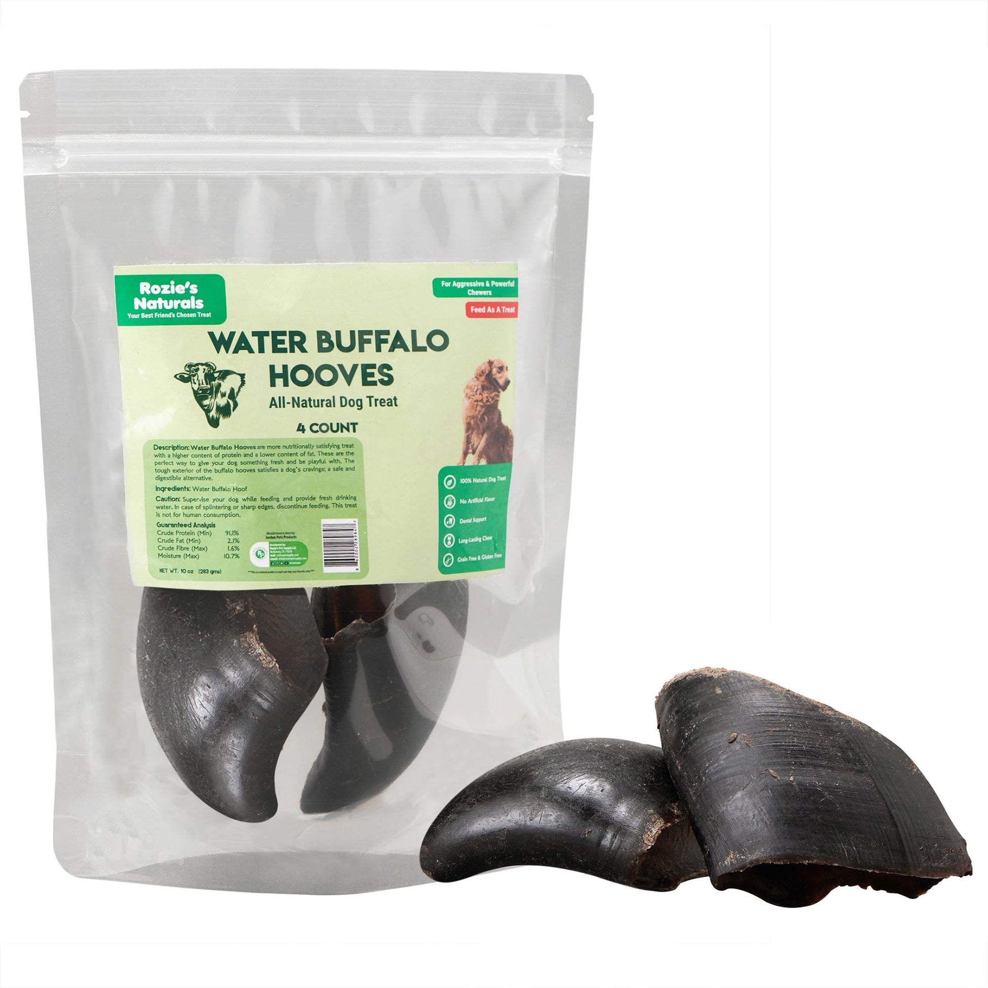 Natural water buffalo hooves for dogs all-natural dog treats in resealable PawCounter.com packaging
