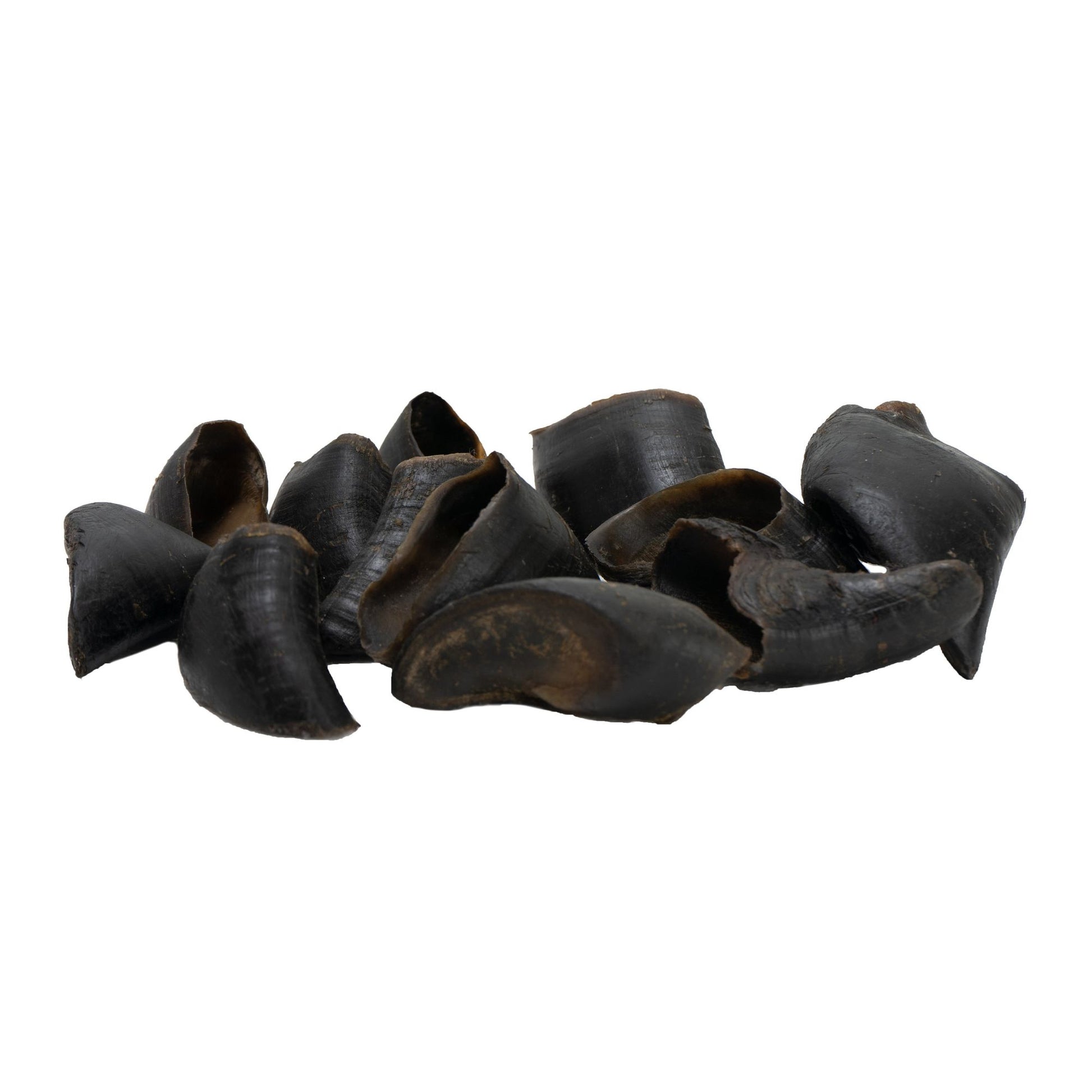 Natural water buffalo hooves for dogs piled on white background for healthy chewing
