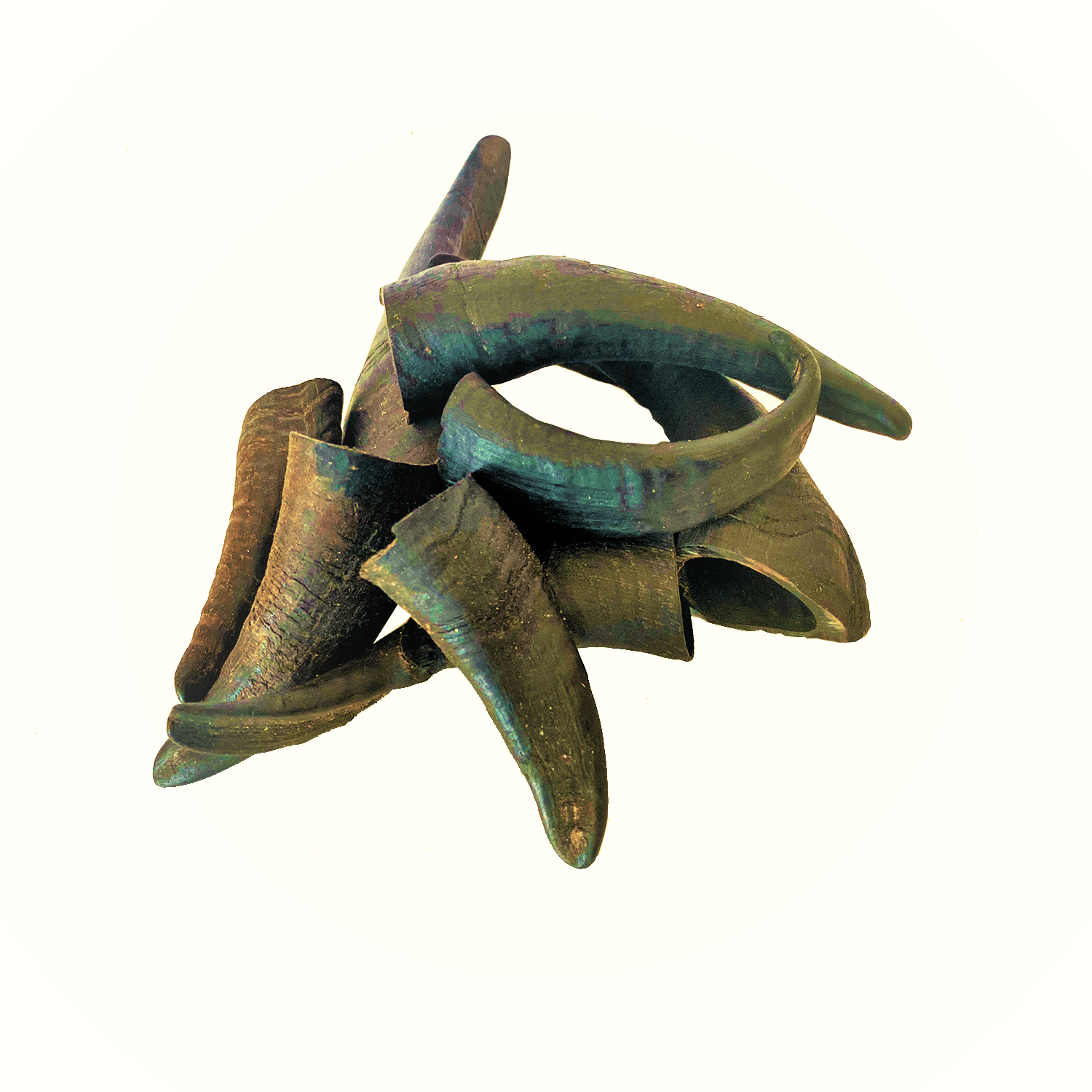 Natural goat horn dog chews from PawCounter.com stacked on white background