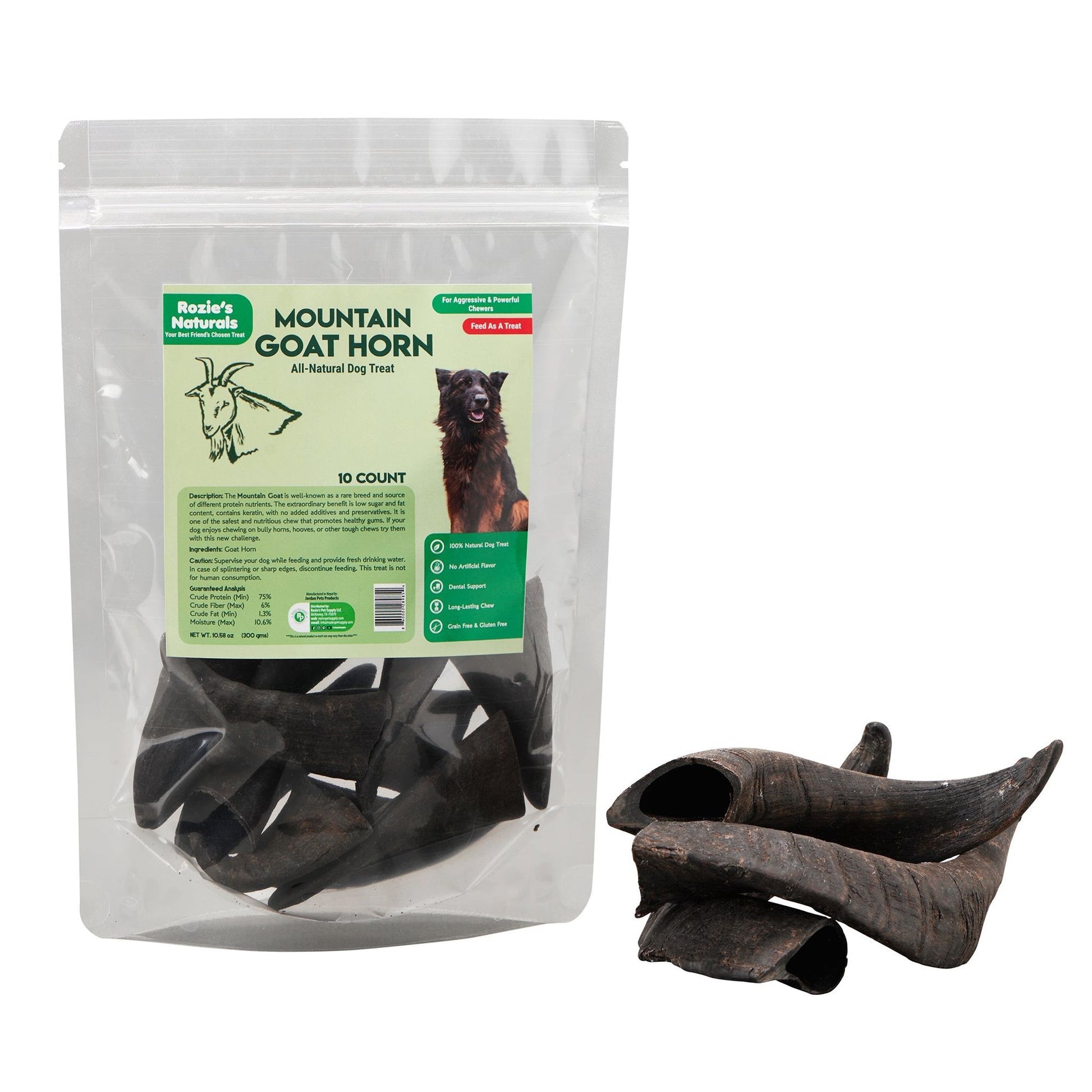 PawCounter natural goat horn dog chews in resealable bag with loose chews beside it