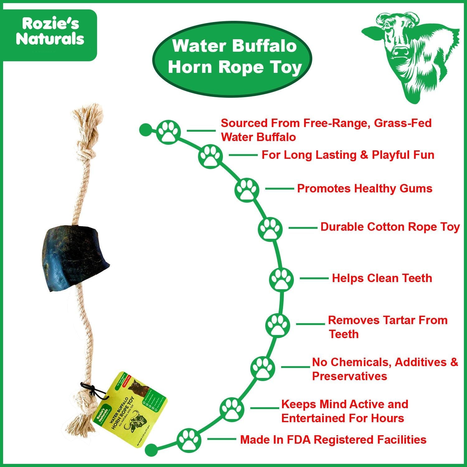 Water buffalo horn dog chew rope toy sourced from grass-fed buffalo promotes healthy gums and cleans teeth