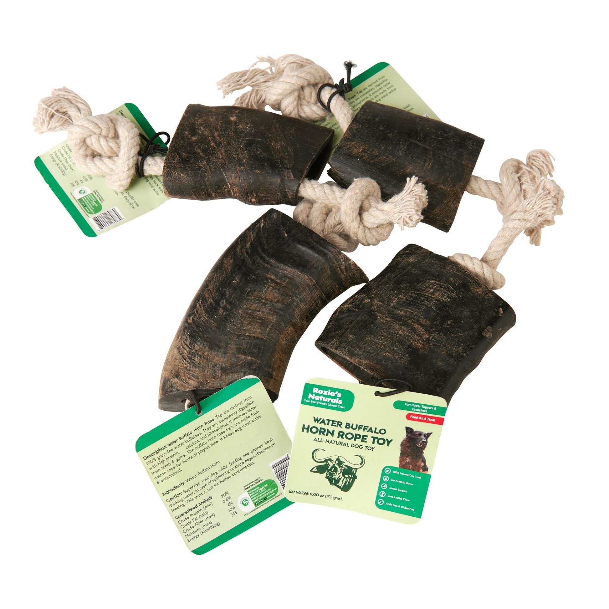 Water buffalo horn dog chew with natural rope from PawCounter.com for durable dog chewing