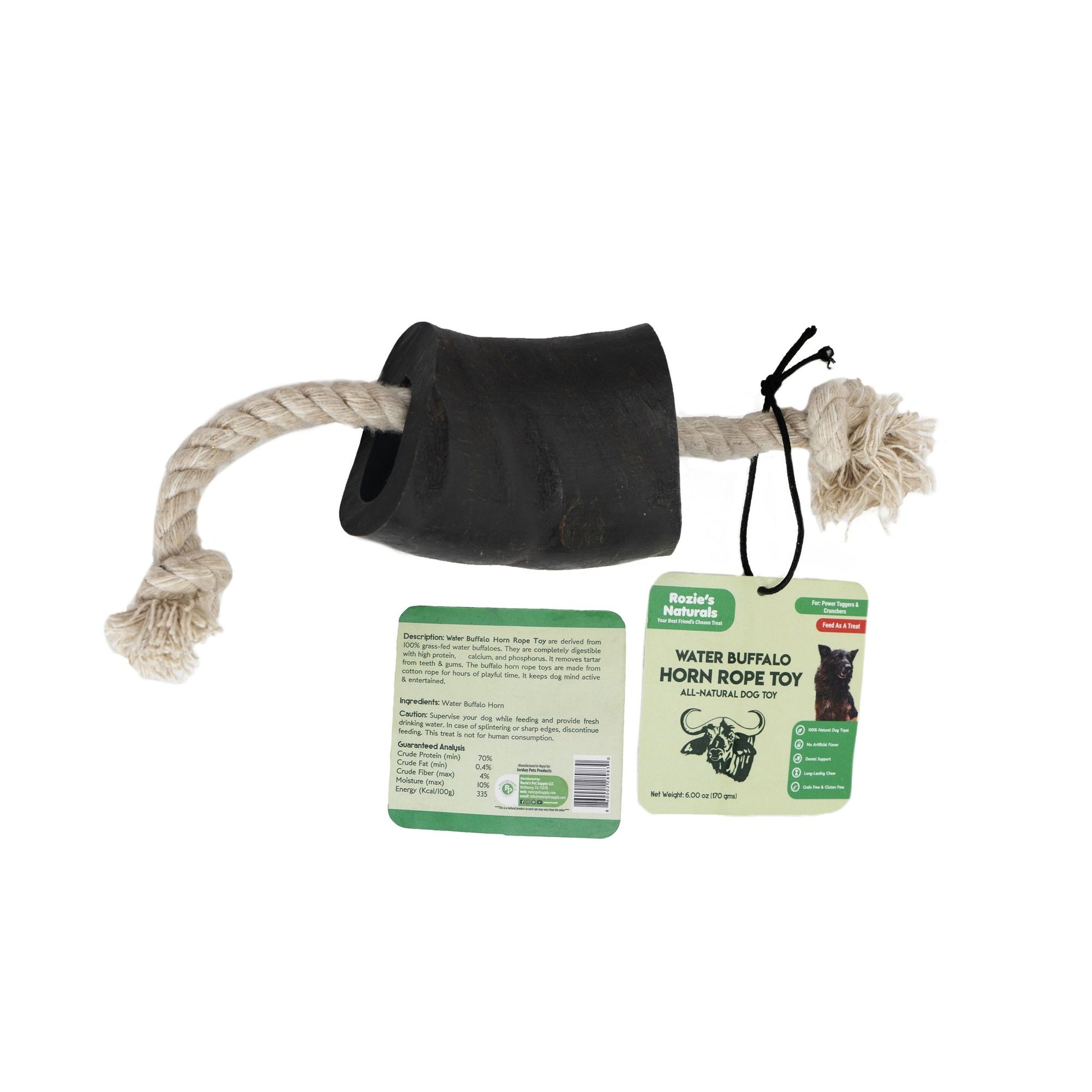 Water buffalo horn dog chew with rope toy from PawCounter.com natural durable pet chew