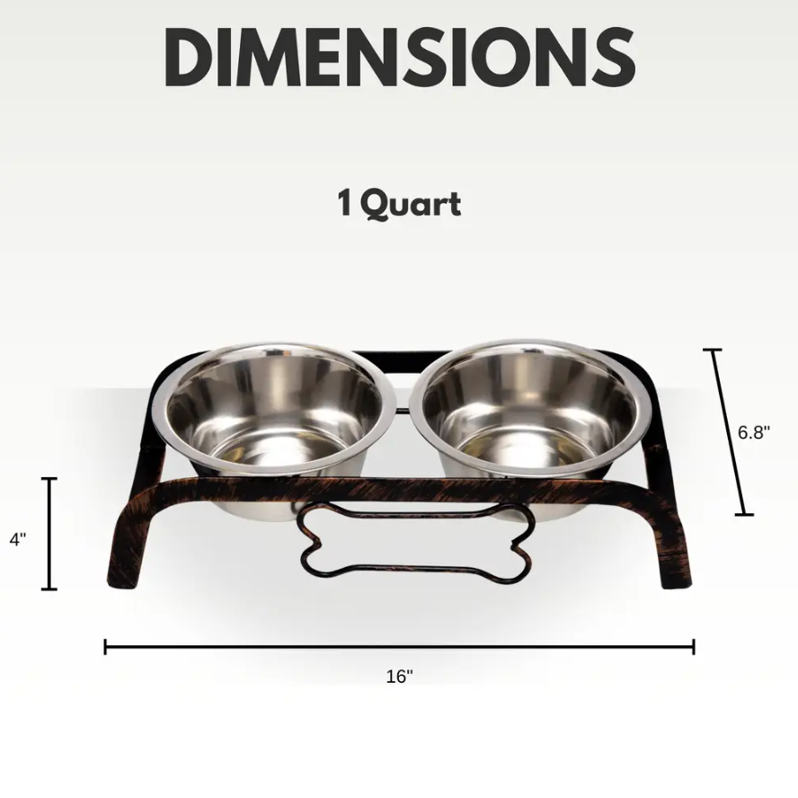 Rustic elevated dog feeder by American Pet Supplies with two stainless steel bowls and bone-shaped holder