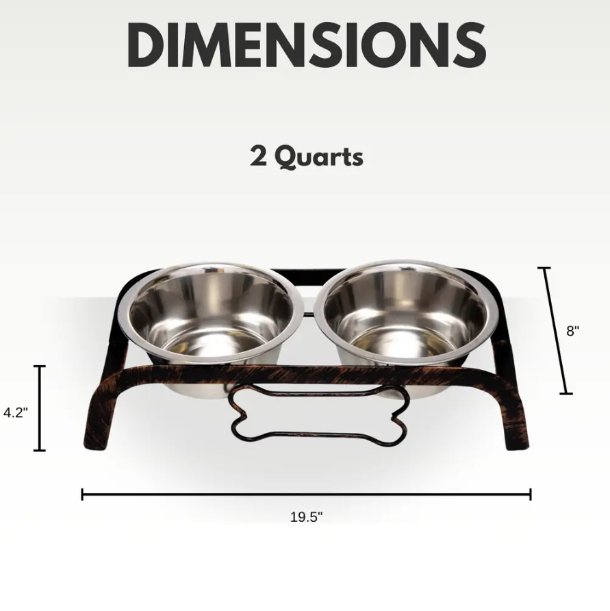 Rustic elevated dog feeder by American Pet Supplies with two 2-quart stainless steel bowls and bone-shaped frame